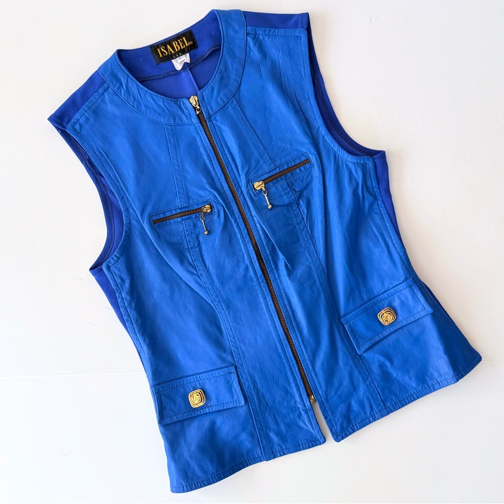 Vintage Isabel USA Bright Blue Leather Zip Front Vest Size L